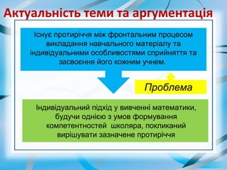 Актуальність теми та аргументація
Існує протиріччя між фронтальним процесом
викладання навчального матеріалу та
індивідуальними особливостями сприйняття та
засвоєння його кожним учнем.
Індивідуальний підхід у вивченні математики,
будучи однією з умов формування
компетентностей школяра, покликаний
вирішувати зазначене протиріччя
Проблема
 