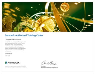 Autodesk and ATC are registered trademarks of Autodesk, Inc. in the USA and/or
other countries. All other trade names, product names, or trademarks belong to their
respective holders. © 2013 Autodesk, Inc. All rights reserved.
Autodesk Authorized Training Center
Certificate of Authorization
Autodesk®, Inc., recognizes this organization
as an Autodesk Authorized Training Center
(ATC®) that meets strict standards of
excellence for delivering instructor-led
training. The ATC network is the premier
channel for delivering high-quality Autodesk
product training to business and industry
professionals.
Certificate No.
Valid until:
Carl Bass
President, Chief Executive Officer
Institute SAPR and GIS
Moscow, Russian Federation
EM0780
АТС-28-01-16/99
January 31, 2017
 