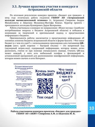10
По итоговым результатам конкурса проектов «Бюджет для граждан» в
2015 году отличилась работа студентов ГБПОУ АО «Астраханский
колледж вычислительной техники» (г. Астрахань) Смирнова Андрея
Михайловича и Айдогана Мухаммед-Мустафа Коксал. Куратор проекта -
преподаватель колледжа Кушнеревич Дарья Валерьевна.
Работа участвовала в конкурсе по направлению «Фокус-взгляд» (наиболее
востребованные вопросы о бюджете Астраханской области) и победила в
номинации за творческий и оригинальный подход к представлению
информации о бюджете.
Оригинальность работы заключается в представлении информации об
основных аспектах бюджета Астраханской области в форме буклета «Что такое
бюджет и с чем его едят?» с использованием приложения для считывания QR-
кодов (англ. quick response — быстрый отклик) — это матричный код
(двумерный штрих-код), содержащий информацию, которую можно легко
распознать, считав ее при помощи специального сканера. Считать QR-код
может каждый, у кого есть мобильный телефон с фотокамерой и
установленной программой для распознавания зашифрованной информации,
которую можно скачать в сети Интернет.
Работа участников конкурса проектов «Бюджет для граждан»
ГБПОУ АО «АКВТ» Смирнова А.М. и Айдогана М. К.
3.3. Лучшая практика участия в конкурсе в
Астраханской области
 