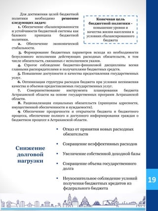 3. Формирование бюджетных параметров исходя из необходимости
безусловного исполнения действующих расходных обязательств, в том
числе обязательств, связанных с исполнением указов.
4. Строгое соблюдение бюджетно-финансовой дисциплины всеми
главными распорядителями и получателями бюджетных средств.
5. Повышение доступности и качества предоставления государственных
услуг.
6. Оптимизация структуры расходов бюджета при условии неснижения
качества и объемов предоставляемых государственных услуг.
7. Совершенствование инструмента планирования бюджета
Астраханской области на основе государственных программ Астраханской
области.
8. Рационализация социальных обязательств (принципы адресности,
имущественной обеспеченности и нуждаемости).
9. Обеспечение прозрачности и открытости бюджета и бюджетного
процесса, обеспечение полного и доступного информирования граждан о
бюджетном процессе в Астраханской области.
Конечная цель
бюджетной политики -
повышение уровня и
качества жизни населения в
условиях сбалансированного
бюджета
Для достижения целей бюджетной
политики необходимо решение
следующих задач:
1. Обеспечение сбалансированности
и устойчивости бюджетной системы как
базового принципа бюджетной
политики.
2. Обеспечение экономической
стабильности.
 Отказ от принятия новых расходных
обязательств
 Сокращение неэффективных расходов
 Увеличение собственной доходной базы
 Сокращение объема государственного
долга
 Неукоснительное соблюдение условий
получения бюджетных кредитов из
федерального бюджета
19
Снижение
долговой
нагрузки
 