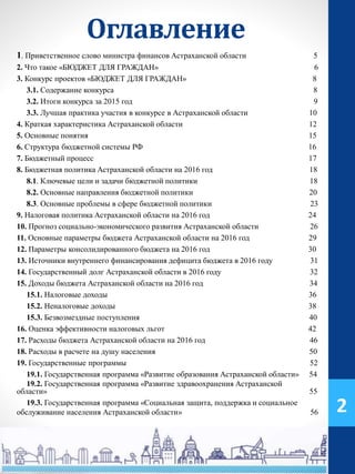 Оглавление
2
1. Приветственное слово министра финансов Астраханской области 5
2. Что такое «БЮДЖЕТ ДЛЯ ГРАЖДАН» 6
3. Конкурс проектов «БЮДЖЕТ ДЛЯ ГРАЖДАН» 8
3.1. Содержание конкурса 8
3.2. Итоги конкурса за 2015 год 9
3.3. Лучшая практика участия в конкурсе в Астраханской области 10
4. Краткая характеристика Астраханской области 12
5. Основные понятия 15
6. Структура бюджетной системы РФ 16
7. Бюджетный процесс 17
8. Бюджетная политика Астраханской области на 2016 год 18
8.1. Ключевые цели и задачи бюджетной политики 18
8.2. Основные направления бюджетной политики 20
8.3. Основные проблемы в сфере бюджетной политики 23
9. Налоговая политика Астраханской области на 2016 год 24
10. Прогноз социально-экономического развития Астраханской области 26
11. Основные параметры бюджета Астраханской области на 2016 год 29
12. Параметры консолидированного бюджета на 2016 год 30
13. Источники внутреннего финансирования дефицита бюджета в 2016 году 31
14. Государственный долг Астраханской области в 2016 году 32
15. Доходы бюджета Астраханской области на 2016 год 34
15.1. Налоговые доходы 36
15.2. Неналоговые доходы 38
15.3. Безвозмездные поступления 40
16. Оценка эффективности налоговых льгот 42
17. Расходы бюджета Астраханской области на 2016 год 46
18. Расходы в расчете на душу населения 50
19. Государственные программы 52
19.1. Государственная программа «Развитие образования Астраханской области» 54
19.2. Государственная программа «Развитие здравоохранения Астраханской
области» 55
19.3. Государственная программа «Социальная защита, поддержка и социальное
обслуживание населения Астраханской области» 56
 
