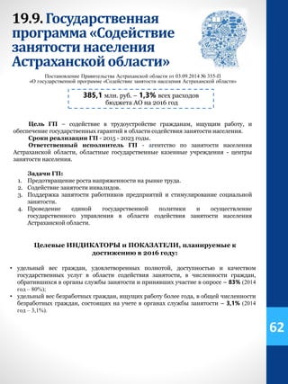 19.9. Государственная
программа «Содействие
занятостинаселения
Астраханскойобласти»
385,1 млн. руб. – 1,3% всех расходов
бюджета АО на 2016 год
Постановление Правительства Астраханской области от 03.09.2014 № 355-П
«О государственной программе «Содействие занятости населения Астраханской области»
Цель ГП – содействие в трудоустройстве гражданам, ищущим работу, и
обеспечение государственных гарантий в области содействия занятости населения.
Сроки реализации ГП - 2015 - 2023 годы.
Ответственный исполнитель ГП - агентство по занятости населения
Астраханской области, областные государственные казенные учреждения - центры
занятости населения.
Задачи ГП:
1. Предотвращение роста напряженности на рынке труда.
2. Содействие занятости инвалидов.
3. Поддержка занятости работников предприятий и стимулирование социальной
занятости.
4. Проведение единой государственной политики и осуществление
государственного управления в области содействия занятости населения
Астраханской области.
Целевые ИНДИКАТОРЫ и ПОКАЗАТЕЛИ, планируемые к
достижению в 2016 году:
• удельный вес граждан, удовлетворенных полнотой, доступностью и качеством
государственных услуг в области содействия занятости, в численности граждан,
обратившихся в органы службы занятости и принявших участие в опросе – 83% (2014
год – 80%);
• удельный вес безработных граждан, ищущих работу более года, в общей численности
безработных граждан, состоящих на учете в органах службы занятости – 3,1% (2014
год – 3,1%).
62
 