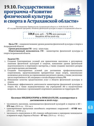 19.10. Государственная
программа «Развитие
физическойкультуры
испорта в Астраханскойобласти»
339,8 млн. руб. – 1,1% всех расходов
бюджета АО на 2016 год
Постановление Правительства Астраханской области от 10.09.2014 № 370-П
«О государственной программе «Развитие физической культуры и спорта в Астраханской области»
Цель ГП – совершенствование уровня развития физической культуры и спорта в
Астраханской области.
Сроки реализации ГП - 2015 - 2020 годы.
Ответственный исполнитель ГП - министерство физической культуры и
спорта Астраханской области.
Задачи ГП:
1. Создание благоприятных условий для привлечения населения к регулярным
занятиям физической культурой и спортом, повышение уровня физической
подготовленности и спортивного мастерства, а также создание массового резерва
для спорта высших достижений.
2. Создание благоприятных условий для достижения профессиональными
спортсменами, представляющими приоритетные виды спорта, максимально
возможных результатов на соревнованиях различного уровня, а также увеличение
числа спортсменов от АО, входящих в состав сборных команд РФ.
3. Повышение качества предоставления услуг в области физической культуры и
спорта.
4. Повышение эффективности деятельности министерства физической культуры и
спорта АО, а также подведомственных ему учреждений АО в осуществлении
вопросов, связанных с организацией спортивного движения на территории АО.
Целевые ИНДИКАТОРЫ и ПОКАЗАТЕЛИ, планируемые к
достижению в 2016 году:
• численность населения, занимающегося физической культурой и спортом в АО –
375 тыс. (2014 год – 324 тыс.);
• единовременная пропускная способность спортивных сооружений – 41100 чел.
(2014 год – 40700 чел.);
• численность спортсменов от АО, ставших победителями и призерами чемпионатов
и первенств мира, Европы и России – 47 чел. (2014 год – 43 чел.).
63
 