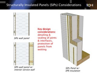 22 of 75
Structurally Insulated Panels (SIPs) Considerations
SIPs Panel w/
EPS insulation
SIPs wall panel
SIPs wall panel w/
interior service wall
Key design
considerations:
detailing &
sealing of joints
& interfaces,
protection of
panels from
wetting
 