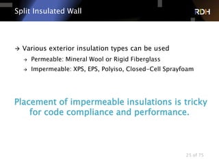 25 of 75
Split Insulated Wall
 Various exterior insulation types can be used
 Permeable: Mineral Wool or Rigid Fiberglass
 Impermeable: XPS, EPS, Polyiso, Closed-Cell Sprayfoam
Placement of impermeable insulations is tricky
for code compliance and performance.
 