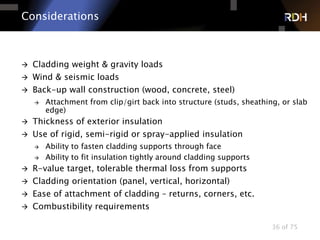 36 of 75
Considerations
 Cladding weight & gravity loads
 Wind & seismic loads
 Back-up wall construction (wood, concrete, steel)
 Attachment from clip/girt back into structure (studs, sheathing, or slab
edge)
 Thickness of exterior insulation
 Use of rigid, semi-rigid or spray-applied insulation
 Ability to fasten cladding supports through face
 Ability to fit insulation tightly around cladding supports
 R-value target, tolerable thermal loss from supports
 Cladding orientation (panel, vertical, horizontal)
 Ease of attachment of cladding – returns, corners, etc.
 Combustibility requirements
 