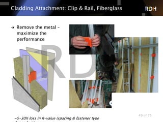 49 of 75
Cladding Attachment: Clip & Rail, Fiberglass
 Remove the metal –
maximize the
performance
~5-30% loss in R-value (spacing & fastener type
 