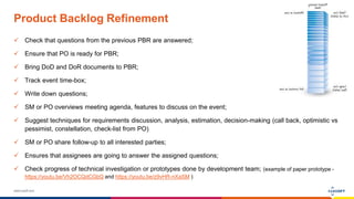 www.luxoft.com
Product Backlog Refinement
 Check that questions from the previous PBR are answered;
 Ensure that PO is ready for PBR;
 Bring DoD and DoR documents to PBR;
 Track event time-box;
 Write down questions;
 SM or PO overviews meeting agenda, features to discuss on the event;
 Suggest techniques for requirements discussion, analysis, estimation, decision-making (call back, optimistic vs
pessimist, constellation, check-list from PO)
 SM or PO share follow-up to all interested parties;
 Ensures that assignees are going to answer the assigned questions;
 Check progress of technical investigation or prototypes done by development team; (example of paper prototype -
https://youtu.be/Vh2OCQdCGbQ and https://youtu.be/z9vHR-nXaSM )
 