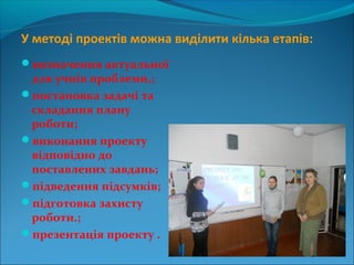визначення актуальної
для учнів проблеми,;
постановка задачі та
складання плану
роботи;
виконання проекту
відповідно до
поставлених завдань;
підведення підсумків;
підготовка захисту
роботи.;
презентація проекту .
У методі проектів можна виділити кілька етапів:
 