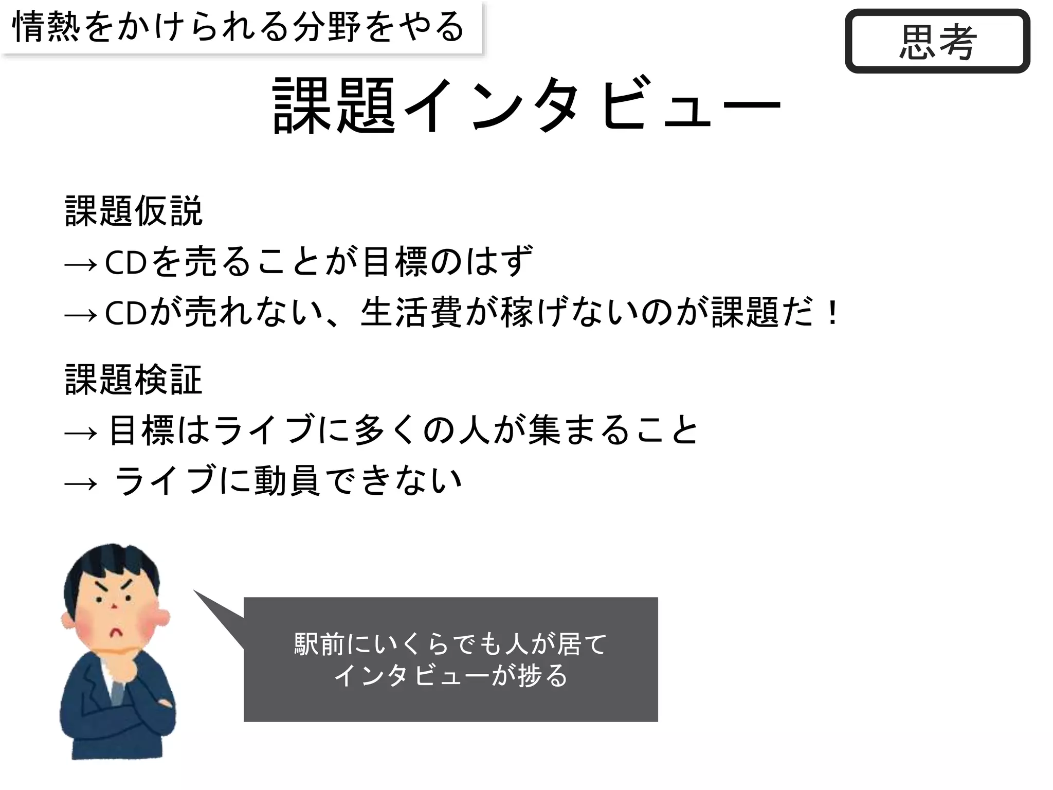 課題インタビュー
課題仮説
→ CDを売ることが目標のはず
→ CDが売れない、生活費が稼げないのが課題だ！
課題検証
→ 目標はライブに多くの人が集まること
→ ライブに動員できない
駅前にいくらでも人が居て
インタビューが捗る
思考情熱をかけられる分野をやる
 