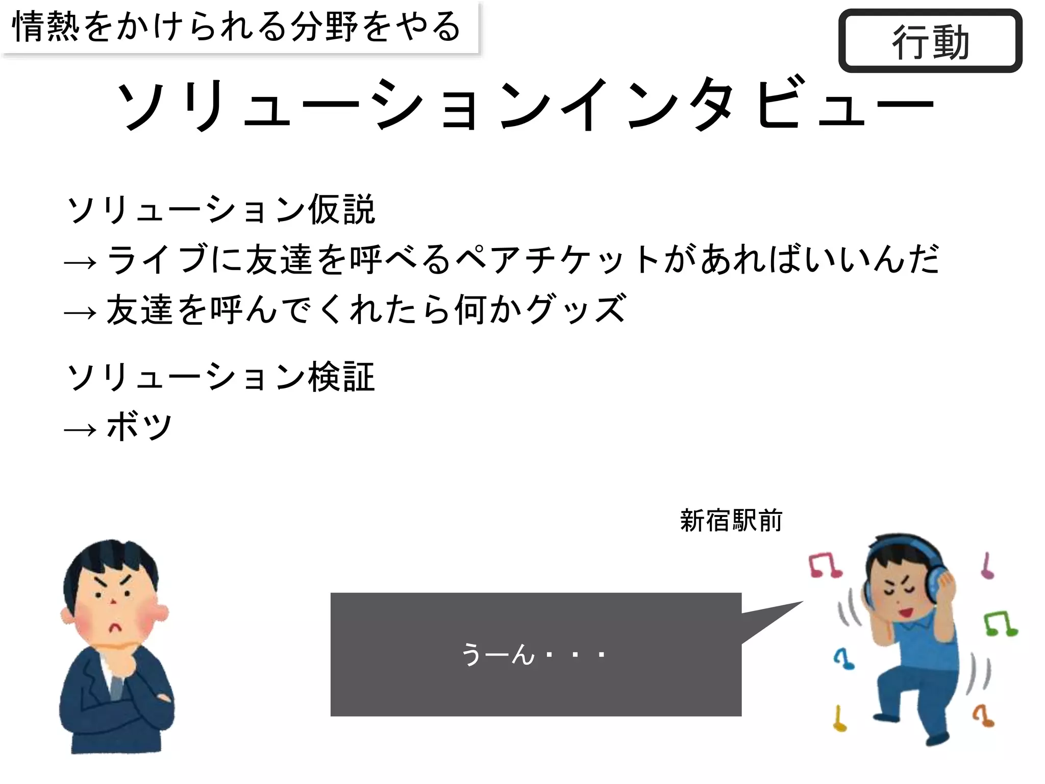 ソリューションインタビュー
ソリューション仮説
→ ライブに友達を呼べるペアチケットがあればいいんだ
→ 友達を呼んでくれたら何かグッズ
ソリューション検証
→ ボツ
うーん・・・
行動
新宿駅前
情熱をかけられる分野をやる
 