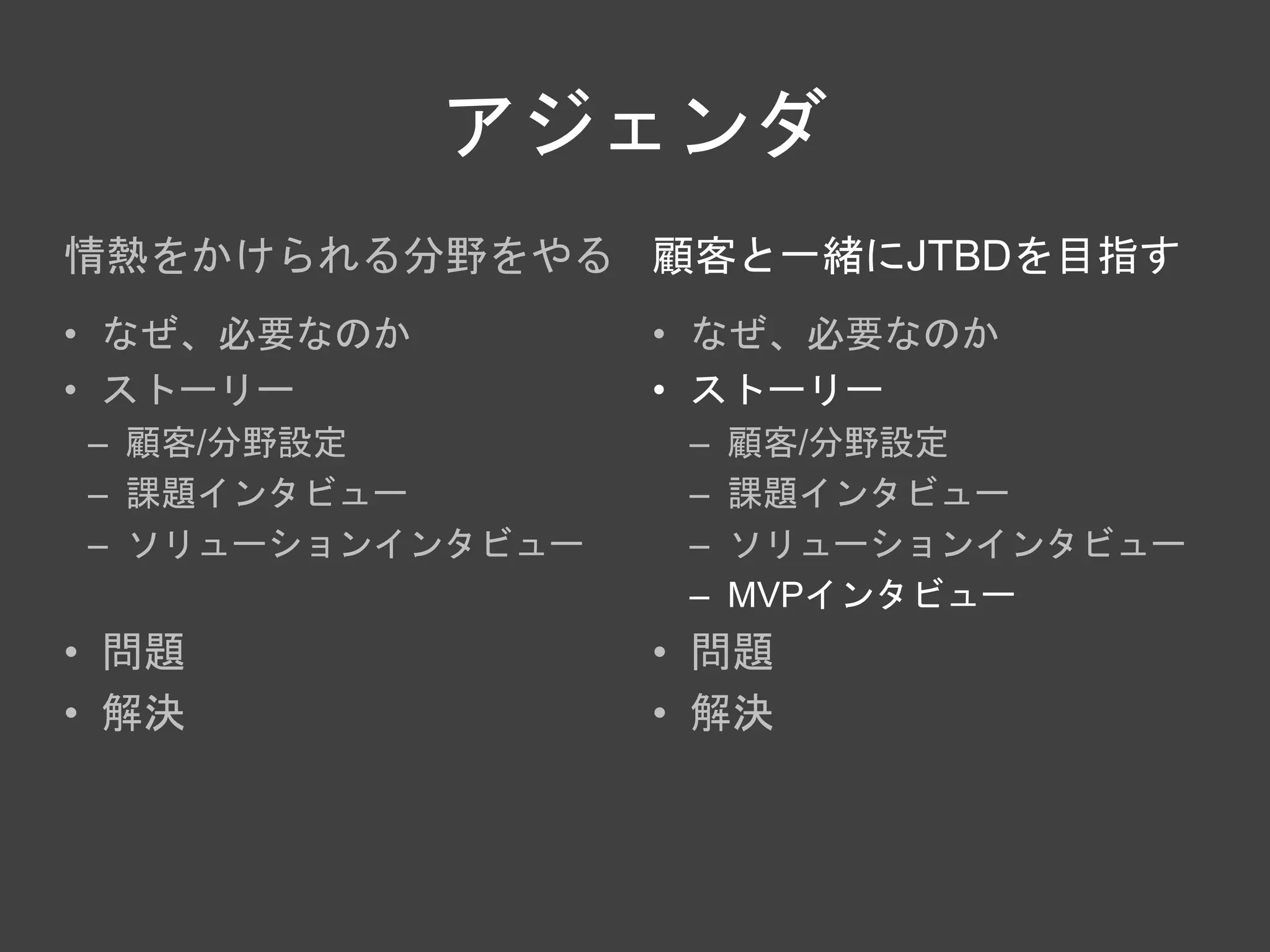 アジェンダ
情熱をかけられる分野をやる
• なぜ、必要なのか
• ストーリー
– 顧客/分野設定
– 課題インタビュー
– ソリューションインタビュー
• 問題
• 解決
顧客と一緒にJTBDを目指す
• なぜ、必要なのか
• ストーリー
– 顧客/分野設定
– 課題インタビュー
– ソリューションインタビュー
– MVPインタビュー
• 問題
• 解決
 