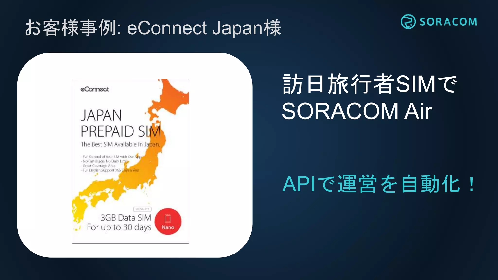 お客様事例: eConnect Japan様
訪日旅行者SIMで
SORACOM Air
APIで運営を自動化！
 