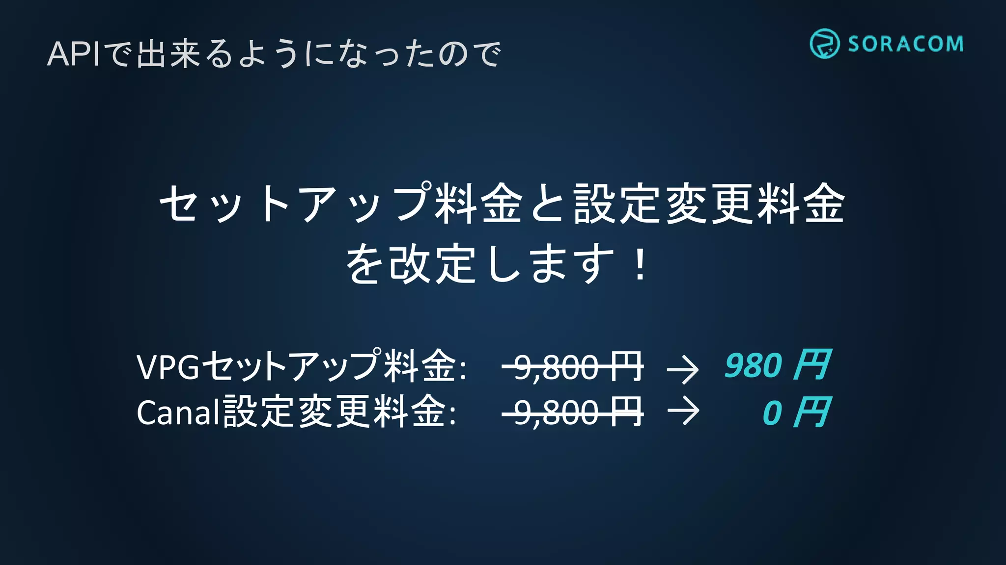 APIで出来るようになったので
セットアップ料金と設定変更料金
を改定します！
VPGセットアップ料金: 9,800 円
Canal設定変更料金: 9,800 円
980 円→
0 円→
 