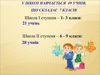  Школа І ступеня – 1- 3 класи:
21 учень
 Школа ІІ ступеня – 6 - 9 класи:
28 учнів
 