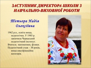 ЗАСТУПНИК ДИРЕКТОРА ШКОЛИ ЗЗАСТУПНИК ДИРЕКТОРА ШКОЛИ З
НАВЧАЛЬНО-ВИХОВНОЇ РОБОТИНАВЧАЛЬНО-ВИХОВНОЇ РОБОТИ
Тетьора Надія
Олексіївна
1962 р.н., освіта вища,
педагогічна. У 1985 р.
закінчила Черкаський
педагогічний інститут.
Вчитель математики, фізики.
Педагогічний стаж – 30 років,
вища кваліфікаційна
категорія.
 