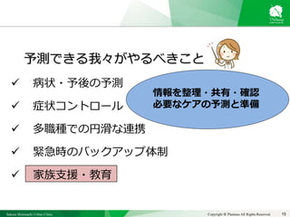 Sakura Shinmachi Urban Clinic Copyright © Platanus All Rights Reserved. 15
予測できる我々がやるべきこと
 病状・予後の予測
 症状コントロール
 多職種での円滑な連携
 緊急時のバックアップ体制
 家族支援・教育
情報を整理・共有・確認
必要なケアの予測と準備
 