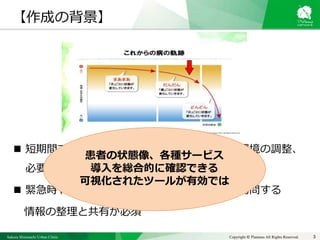 Sakura Shinmachi Urban Clinic Copyright © Platanus All Rights Reserved.
 短期間でかつ早い病状経過の中で迅速な療養環境の調整、
必要なケア・サービスの導入が求められる
 緊急時や夜間休日などは他の医師・看護師が訪問する
情報の整理と共有が必須
3
【作成の背景】
患者の状態像、各種サービス
導入を総合的に確認できる
可視化されたツールが有効では
 