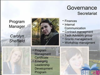 Governance
Secretariat
Program
Manager
Carolyn
Sheffield

Finances

Internal
Communication

Contract managment

Tech Advisors group

Grants management

Workshop managment

Program
Managment
Certificate

Emerging
Leadership
Development
Program
 