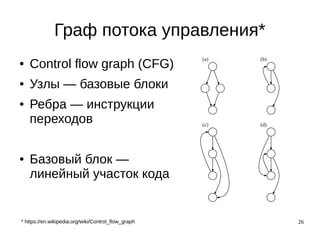 26
Граф потока управления*
● Control flow graph (CFG)
● Узлы — базовые блоки
● Ребра — инструкции
переходов
● Базовый блок —
линейный участок кода
(a)
(c)
(b)
(d)
* https://en.wikipedia.org/wiki/Control_flow_graph
 