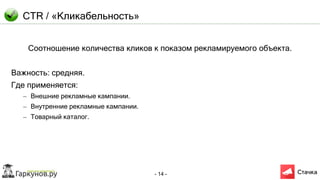 - 14 -
CTR / «Кликабельность»
Соотношение количества кликов к показом рекламируемого объекта.
Важность: средняя.
Где применяется:
– Внешние рекламные кампании.
– Внутренние рекламные кампании.
– Товарный каталог.
 