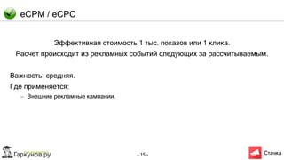 - 15 -
eCPM / eCPC
Эффективная стоимость 1 тыс. показов или 1 клика.
Расчет происходит из рекламных событий следующих за рассчитываемым.
Важность: средняя.
Где применяется:
– Внешние рекламные кампании.
 