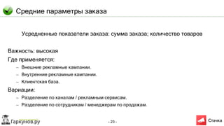 - 23 -
Средние параметры заказа
Усредненные показатели заказа: сумма заказа; количество товаров
Важность: высокая
Где применяется:
– Внешние рекламные кампании.
– Внутренние рекламные кампании.
– Клиентская база.
Вариации:
– Разделение по каналам / рекламным сервисам.
– Разделение по сотрудникам / менеджерам по продажам.
 