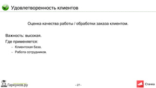 - 27 -
Удовлетворенность клиентов
Оценка качества работы / обработки заказа клиентом.
Важность: высокая.
Где применяется:
– Клиентская база.
– Работа сотрудников.
 