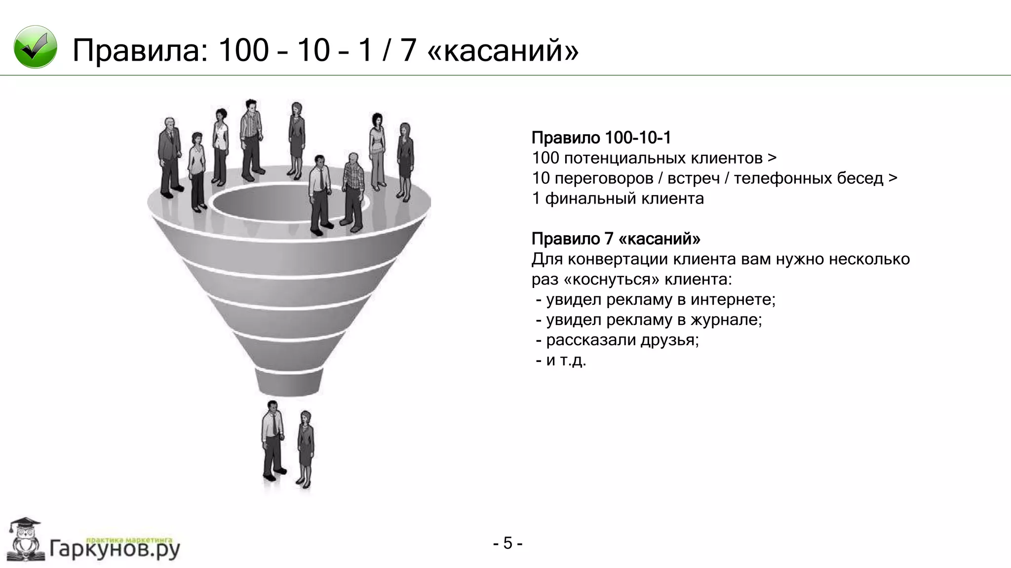 - 5 -
Правила: 100 – 10 – 1 / 7 «касаний»
Правило 100-10-1
100 потенциальных клиентов >
10 переговоров / встреч / телефонных бесед >
1 финальный клиента
Правило 7 «касаний»
Для конвертации клиента вам нужно несколько
раз «коснуться» клиента:
- увидел рекламу в интернете;
- увидел рекламу в журнале;
- рассказали друзья;
- и т.д.
 