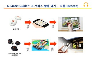 실내용 비콘
비콘
설치
6. Smart Guide™ 의 서비스 활용 예시 – 자동 (Beacon)
방수/방진용 실외 비콘
(IP67인증)
비콘
설치
자동
인식
자동
인식
 