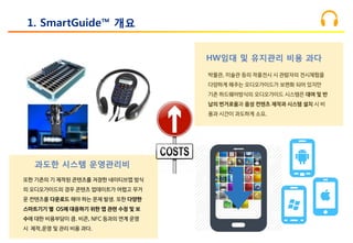 1. SmartGuide™ 개요
박물관, 미술관 등의 작품전시 시 관람자의 전시체험을
다양하게 해주는 오디오가이드가 보편화 되어 있지만
기존 하드웨어방식의 오디오가이드 시스템은 대여 및 반
납의 번거로움과 음성 컨텐츠 제작과 시스템 설치 시 비
용과 시간이 과도하게 소요.
또한 기존의 기 제작된 콘텐츠를 저장한 네이티브앱 방식
의 오디오가이드의 경우 콘텐츠 업데이트가 어렵고 무거
운 컨텐츠를 다운로드 해야 하는 문제 발생. 또한 다양한
스마트기기 별 OS에 대응하기 위한 앱 관련 수정 및 보
수에 대한 비용부담이 큼. 비콘, NFC 등과의 연계 운영
시 제작,운영 및 관리 비용 과다.
과도한 시스템 운영관리비
HW임대 및 유지관리 비용 과다
 