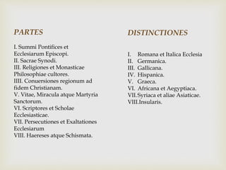 PARTES
I. Summi Pontifices et
Ecclesiarum Episcopi.
II. Sacrae Synodi.
III. Religiones et Monasticae
Philosophiae cultores.
IIII. Conuersiones regionum ad
fidem Christianam.
V. Vitae, Miracula atque Martyria
Sanctorum.
VI. Scriptores et Scholae
Ecclesiasticae.
VII. Persecutiones et Exaltationes
Ecclesiarum
VIII. Haereses atque Schismata.
DISTINCTIONES
I. Romana et Italica Ecclesia
II. Germanica.
III. Gallicana.
IV. Hispanica.
V. Graeca.
VI. Africana et Aegyptiaca.
VII.Syriaca et aliae Asiaticae.
VIII.Insularis.
 
