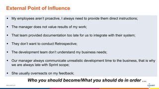 www.luxoft.com
External Point of Influence
Who you should become/What you should do in order …
 My employees aren’t proactive, I always need to provide them direct instructions;
 The manager does not value results of my work;
 That team provided documentation too late for us to integrate with their system;
 They don’t want to conduct Retrospective;
 The development team don’t understand my business needs;
 Our manager always communicate unrealistic development time to the business, that is why
we are always late with Sprint scope;
 She usually overreacts on my feedback;
 