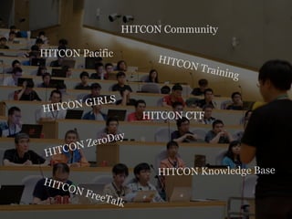 HITCON Pacific
HITCON Community
HITCON GIRLS
HITCON Training
HITCON CTF
HITCON ZeroDay
HITCON Knowledge Base
HITCON FreeTalk
 