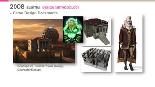 2008 ELEKTRA DESIGN METHODOLOGY
  Game Design Documents
Concept art , overall Visual Design,
Character Design
 