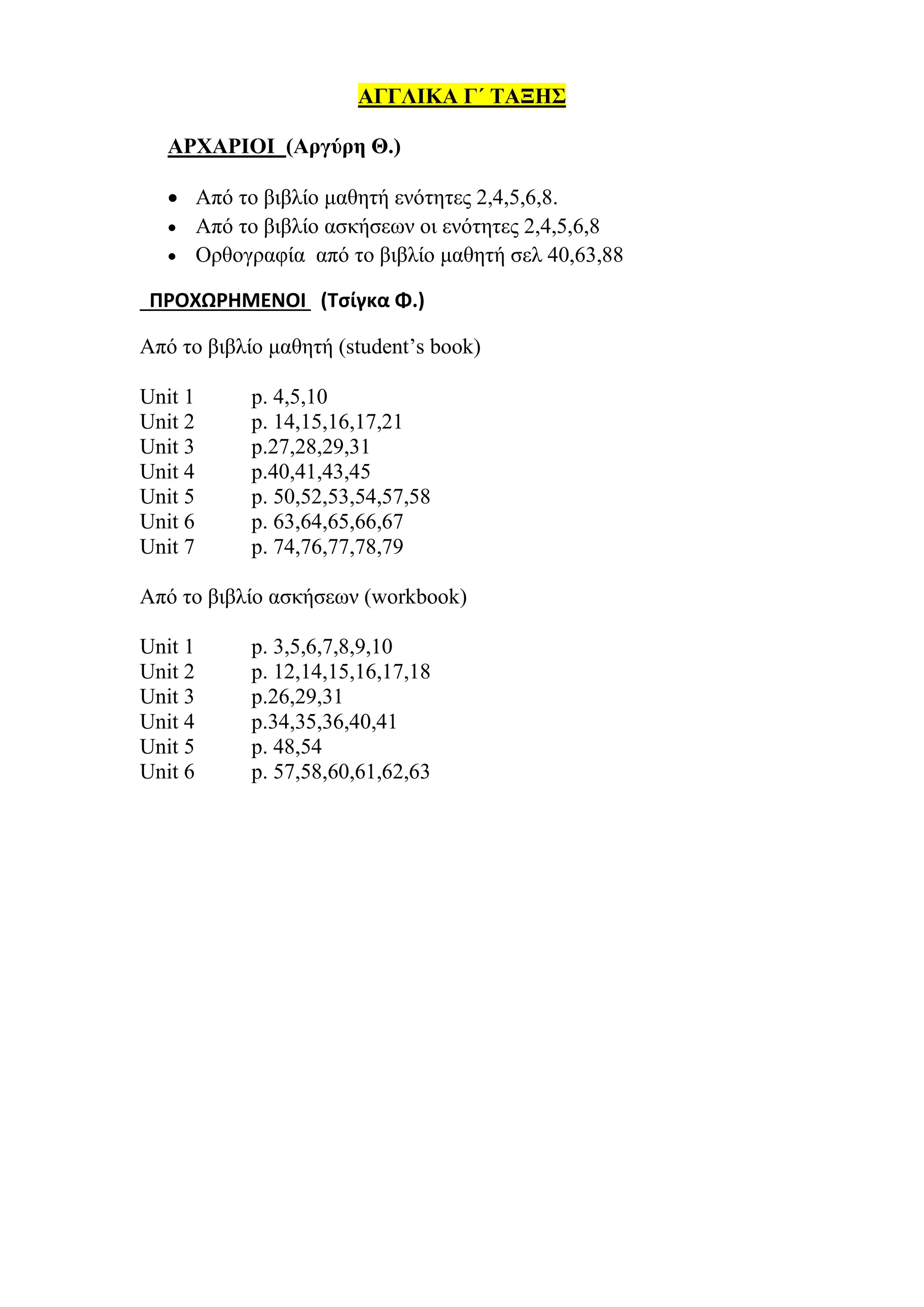 ΑΓΓΛΙΚΑ Γ΄ ΤΑΞΗΣ
ΑΡΧΑΡΙΟΙ (Αργύρη Θ.)
 Από το βιβλίο μαθητή ενότητες 2,4,5,6,8.
 Από το βιβλίο ασκήσεων οι ενότητες 2,4,5,6,8
 Ορθογραφία από το βιβλίο μαθητή σελ 40,63,88
ΠΡΟΧΩΡΗΜΕΝΟΙ (Τσίγκα Φ.)
Από το βιβλίο μαθητή (student’s book)
Unit 1 p. 4,5,10
Unit 2 p. 14,15,16,17,21
Unit 3 p.27,28,29,31
Unit 4 p.40,41,43,45
Unit 5 p. 50,52,53,54,57,58
Unit 6 p. 63,64,65,66,67
Unit 7 p. 74,76,77,78,79
Από το βιβλίο ασκήσεων (workbook)
Unit 1 p. 3,5,6,7,8,9,10
Unit 2 p. 12,14,15,16,17,18
Unit 3 p.26,29,31
Unit 4 p.34,35,36,40,41
Unit 5 p. 48,54
Unit 6 p. 57,58,60,61,62,63
 