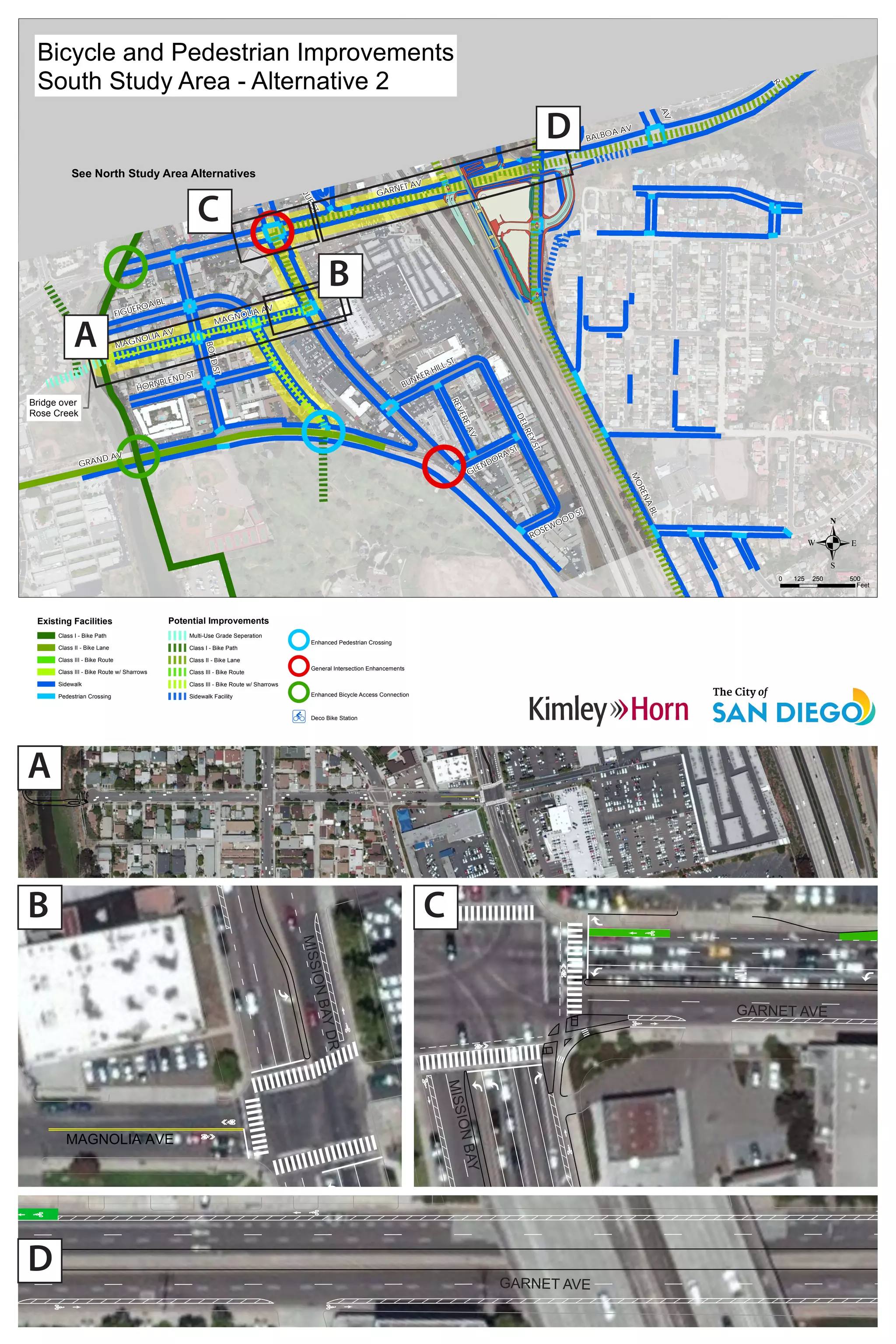 ½
MORENABL
SANTAFEST
MISSIONBAYDR
GARNET AV
GRAND AV
BALBOA AV
BONDST
FIGUEROA BL
DELREYST
DAMON
AV
MONAIR DR
HORNBLEND ST
MORAGAAV
MAGNOLIA AV
BALBO
A
TR
REVEREAV
BUNKER HILL ST
DESOTO
ST
SOUTHVIEWDR
GLENDORA ST
ROSEWOOD ST
ALBUQUERQUEST
MAGNOLIA AV
Rose
Creek
.0 250 500125
Feet
Existing Facilities
Class I - Bike Path
Class II - Bike Lane
Class III - Bike Route
Class III - Bike Route w/ Sharrows
Sidewalk
Pedestrian Crossing
See North Study Area Alternatives
Bicycle and Pedestrian Improvements
South Study Area - Alternative 2
Garnet Ave - East
Garnet Ave - West
Morena Blvd
Magnolia St
Potential Improvements
Multi-Use Grade Seperation
Class I - Bike Path
Class II - Bike Lane
Class III - Bike Route
Class III - Bike Route w/ Sharrows
Sidewalk Facility
Enhanced Pedestrian Crossing
General Intersection Enhancements
Enhanced Bicycle Access Connection
½ Deco Bike Station
Bridge over
Rose Creek
MAGNOLIA AVE
MISSIONBAYDR
MISSIONBAY
GARNET AVE
GARNET AVE
A
B C
D
A
B
C
D
 