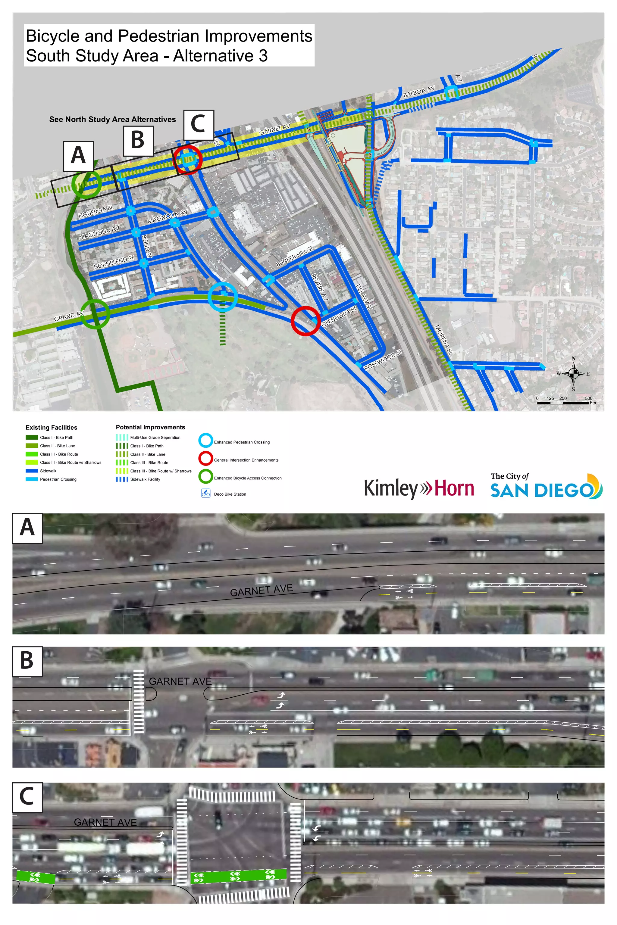 ½
MORENABL
SANTAFEST
MISSIONBAYDR
GARNET AV
GRAND AV
BALBOA AV
BONDST
FIGUEROA BL
DELREYST
DAMON
AV
MONAIR DR
HORNBLEND ST
MORAGAAV
MAGNOLIA AV
BALBO
A
TR
REVEREAV
BUNKER HILL ST
DESOTO
ST
SOUTHVIEWDR
GLENDORA ST
ROSEWOOD ST
ALBUQUERQUEST
MAGNOLIA AV
Rose
Creek
.0 250 500125
Feet
Existing Facilities
Class I - Bike Path
Class II - Bike Lane
Class III - Bike Route
Class III - Bike Route w/ Sharrows
Sidewalk
Pedestrian Crossing
See North Study Area Alternatives
Bicycle and Pedestrian Improvements
South Study Area - Alternative 3
Garnet Ave - East
Garnet Ave - West
Morena Blvd
Magnolia St
Potential Improvements
Multi-Use Grade Seperation
Class I - Bike Path
Class II - Bike Lane
Class III - Bike Route
Class III - Bike Route w/ Sharrows
Sidewalk Facility
Enhanced Pedestrian Crossing
General Intersection Enhancements
Enhanced Bicycle Access Connection
½ Deco Bike Station
GARNET AVE
GARNET AVE
GARNET AVE
A
B
C
A
B
C
 