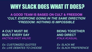  
WHY SLACK DOES WHAT IT DOES?
A GOOD TEAM IS BASED ON CULT & FREEDOM 
*CULT: EVERYONE GOING IN THE SAME DIRECTION 
*FREEDOM: NOTHING IS IMPOSSIBLE
A CULT MUST BE
BUILT EVERY DAY 
#ACTION #HOT #ALIVE 
Ex: CUSTOMIZED QUOTES  
Ex: LIVE DEBATES TO CHOOSE
BEING TOGETHER  
AND DIRECT 
#TALK #CASUAL 
Ex: SLACK ME 
Ex: SLACK PREFERENCE
 