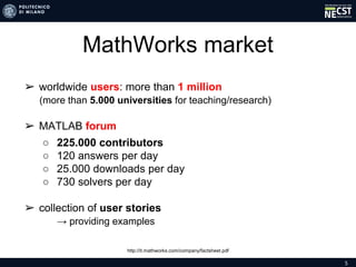 5
MathWorks market
➢ worldwide users: more than 1 million
(more than 5.000 universities for teaching/research)
➢ MATLAB forum
○ 225.000 contributors
○ 120 answers per day
○ 25.000 downloads per day
○ 730 solvers per day
➢ collection of user stories
→ providing examples
http://it.mathworks.com/company/factsheet.pdf
 