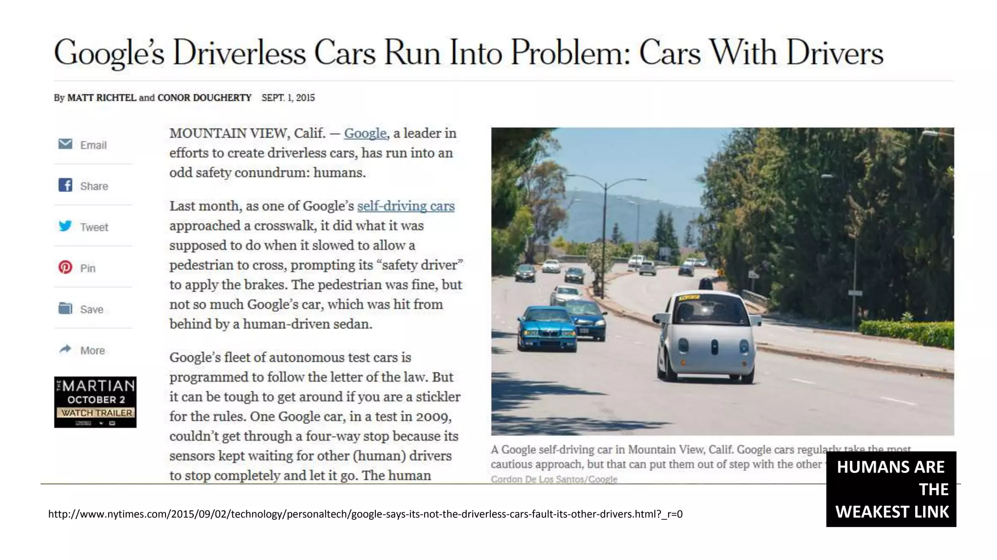 http://www.nytimes.com/2015/09/02/technology/personaltech/google-says-its-not-the-driverless-cars-fault-its-other-drivers.html?_r=0
HUMANS ARE
THE
WEAKEST LINK
 
