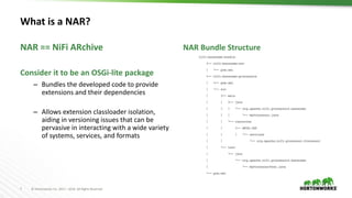 7 © Hortonworks Inc. 2011 – 2016. All Rights Reserved
What is a NAR?
– Bundles the developed code to provide
extensions and their dependencies
– Allows extension classloader isolation,
aiding in versioning issues that can be
pervasive in interacting with a wide variety
of systems, services, and formats
NAR == NiFi ARchive
Consider it to be an OSGi-lite package
NAR Bundle Structure
 