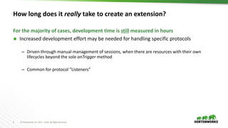 9 © Hortonworks Inc. 2011 – 2016. All Rights Reserved
How long does it really take to create an extension?
 Increased development effort may be needed for handling specific protocols
– Driven through manual management of sessions, when there are resources with their own
lifecycles beyond the sole onTrigger method
– Common for protocol “Listeners”
For the majority of cases, development time is still measured in hours
 