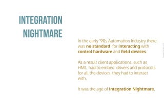 CopyrightPrismTech,2016
In the early ‘90s Automation Industry there
was no standard for interacting with
control hardware and ﬁeld devices.
As a result client applications, such as
HMI, had to embed drivers and protocols
for all the devices they had to interact
with.
It was the age of Integration Nightmare.
Integration
Nightmare
 