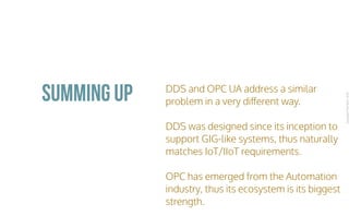CopyrightPrismTech,2016
DDS and OPC UA address a similar
problem in a very diﬀerent way.
DDS was designed since its inception to
support GIG-like systems, thus naturally
matches IoT/IIoT requirements.
OPC has emerged from the Automation
industry, thus its ecosystem is its biggest
strength.
Summing Up
 