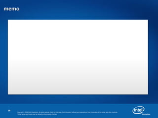 16
Copyright © 2008 Intel Corporation. All rights reserved. Intel, the Intel logo, Intel Education Software are trademarks of Intel Corporation in the Korea. and other countries.
*Other names and brands may be claimed as the property of others.
memo
 