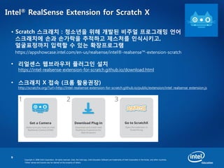 9
Copyright © 2008 Intel Corporation. All rights reserved. Intel, the Intel logo, Intel Education Software are trademarks of Intel Corporation in the Korea. and other countries.
*Other names and brands may be claimed as the property of others.
Intel® RealSense Extension for Scratch X
• Scratch 스크래치 : 청소년을 위해 개발된 비주얼 프로그래밍 언어
스크래치에 손과 손가락을 추적하고 제스처를 인식시키고,
얼굴표정까지 입력할 수 있는 확장프로그램
https://appshowcase.intel.com/en-us/realsense/intel®-realsense™-extension-scratch
• 리얼센스 웹브라우저 플러그인 설치
https://intel-realsense-extension-for-scratch.github.io/download.html
• 스크래치 X 접속 (크롬 활용권장)
http://scratchx.org/?url=http://intel-realsense-extension-for-scratch.github.io/public/extension/intel_realsense_extension.js
 