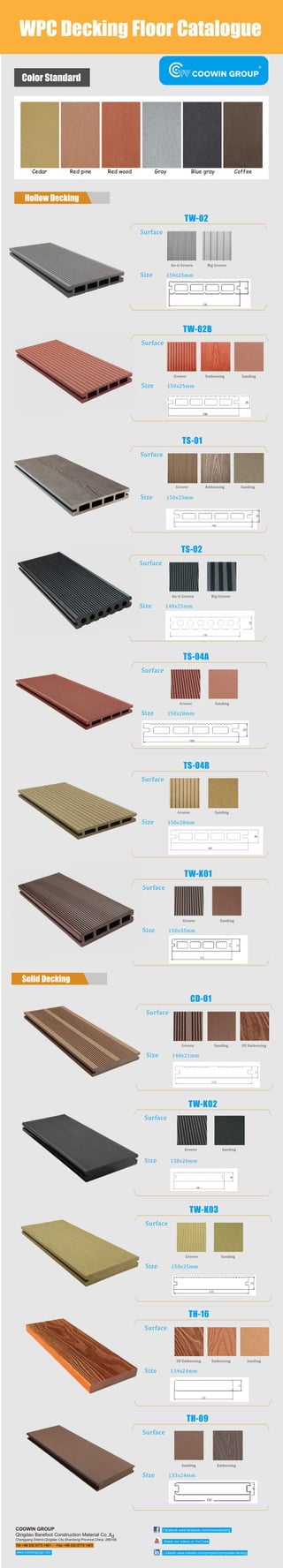WPC Decking Floor Catalogue
R
Color Standard
Hollow Decking
Solid Decking
TW-02
Surface
Size 150x25mm
An-ti Groove Big Groove
Groove Embossing Sanding
TW-02B
Surface
Size 150x25mm
TS-01
Surface
Size 150x25mm
Groove Embossing Sanding
TS-02
Surface
Size 140x25mm
An-ti Groove Big Groove
CD-01
Surface
Size 140x21mm
Groove Sanding 3D Embossing
TS-04A
Surface
Size 150x20mm
Groove Sanding
TS-04B
Surface
Size 150x20mm
Groove Sanding
TW-K01
Surface
Size 150x35mm
Groove Sanding
TW-K02
Surface
Size 138x26mm
Groove Sanding
TW-K03
Surface
Size 150x25mm
Groove Sanding
TH-16
Surface
Size 134x24mm
3D Embossing Embossing Sanding
TH-09
Surface
Size 133x24mm
Sanding Embossing
COOWIN GROUP
Qingdao Barefoot Construction Material Co.,ltd
Chengyang District,Qingdao City,Shandong Province,China. 266108
Tel: +86 532 6773 1461 Fax: +86 532 6773 1463
24-hours hotline: 0086 189 5424 8234www.coowingroup.com
Facebook www.facebook.com/coowindecking
Watch our videos on YouTube
Linkedin www.linkedin.com/company/composite-deckingwww.coowingroup.com
 