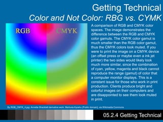 05.2.4 Getting Technical
Getting Technical
Color and Not Color: RBG vs. CYMK
By RGB_CMYK_4.jpg: Annette Shacklett derivative work: Marluxia.Kyoshu [Public domain], via Wikimedia Commons
A comparison of RGB and CMYK color
spaces. The image demonstrates the
difference between the RGB and CMYK
color gamuts. The CMYK color gamut is
much smaller than the RGB color gamut,
thus the CMYK colors look muted. If you
were to print the image on a CMYK device
(an offset press or maybe even a ink jet
printer) the two sides would likely look
much more similar, since the combination
of cyan, yellow, magenta and black cannot
reproduce the range (gamut) of color that
a computer monitor displays. This is a
constant issue for those who work in print
production. Clients produce bright and
colorful images on their computers and
are disappointed to see them look muted
in print.
 