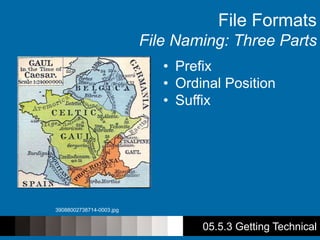 File Formats
File Naming: Three Parts
• Prefix
• Ordinal Position
• Suffix
05.5.3 Getting Technical
39088002738714-0003.jpg
 